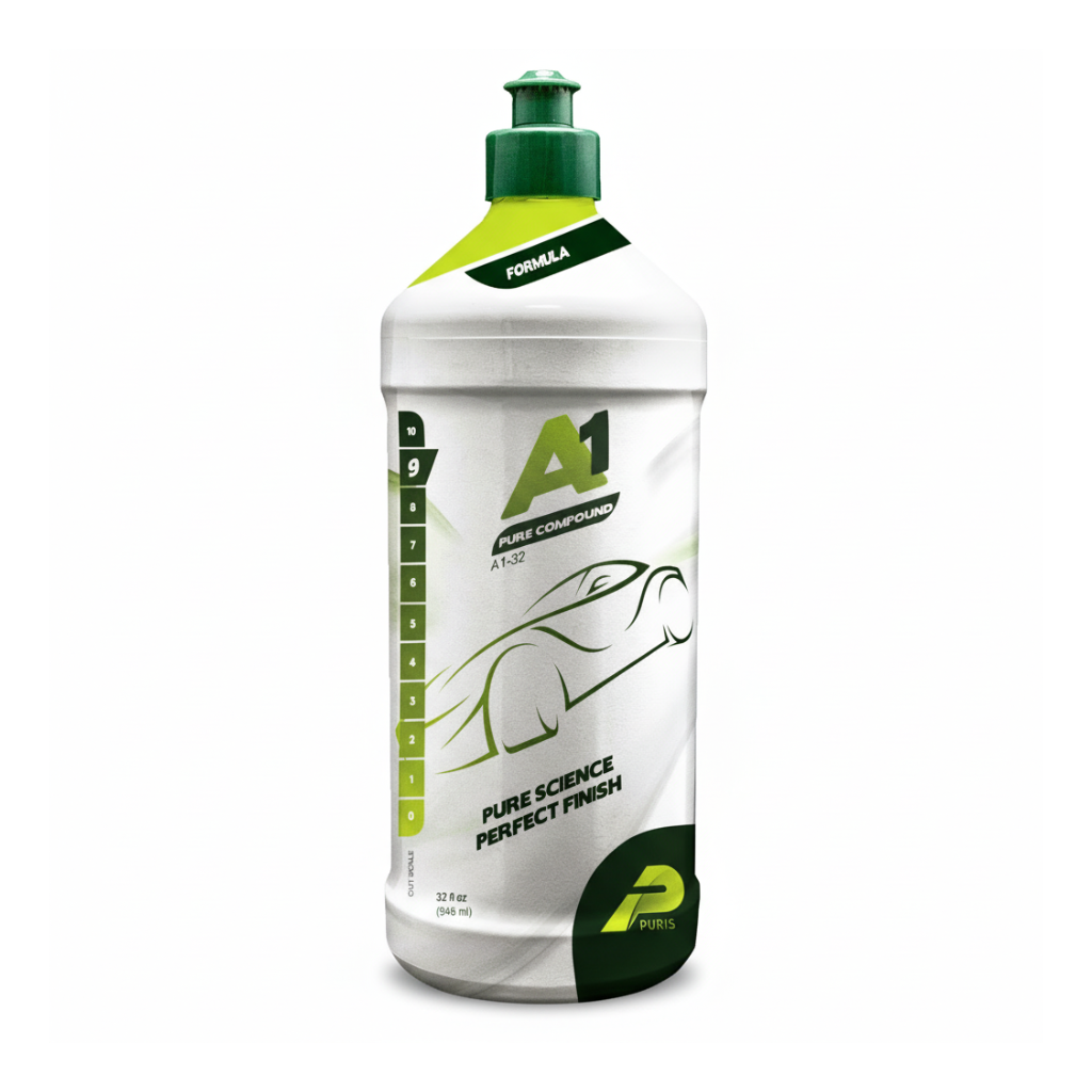 Car care product bottle with green and white design on a gray background