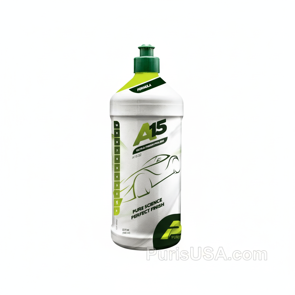 A15 car polish bottle with green and white design on a dark background