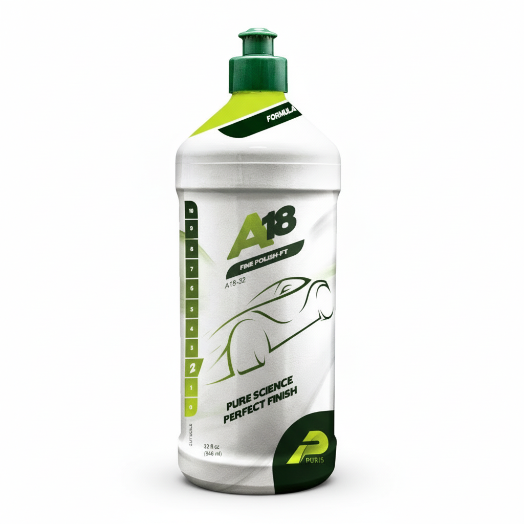 Puris Car polish bottle labeled 'A18' with branding on a green background