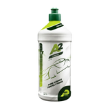 Car care product bottle labeled 'A2' with green and white design on a dark background