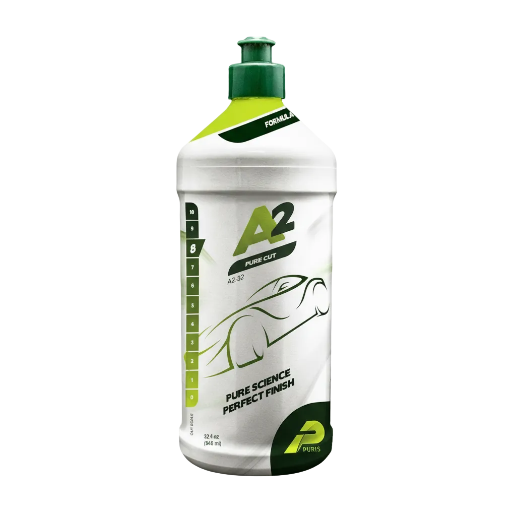 Car care product bottle labeled 'A2' with green and white design on a dark background