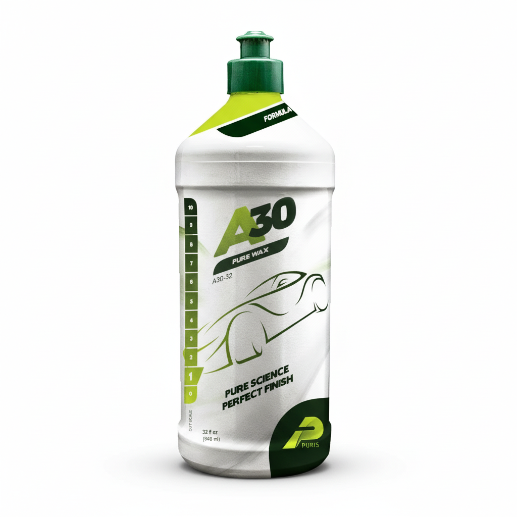 A30 Pure Wax bottle with green and white design on a transparent background