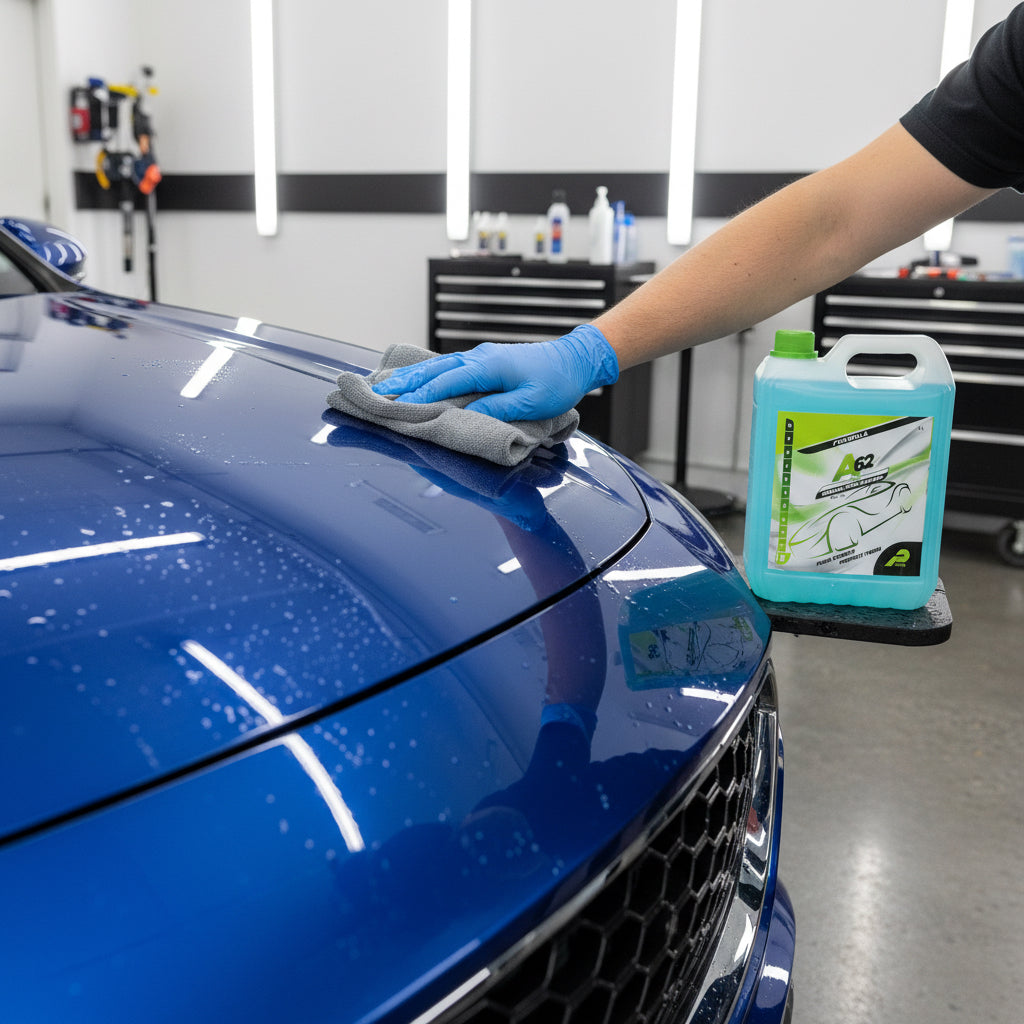 Blue and green container with a label on a white background