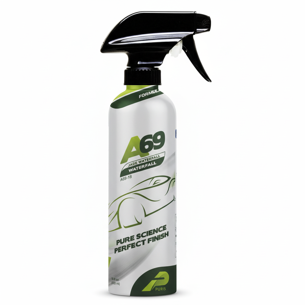 A69 car care product spray bottle with branding on a green background