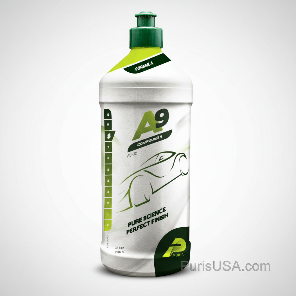 Car care product bottle labeled 'A9 Compound' on a green background