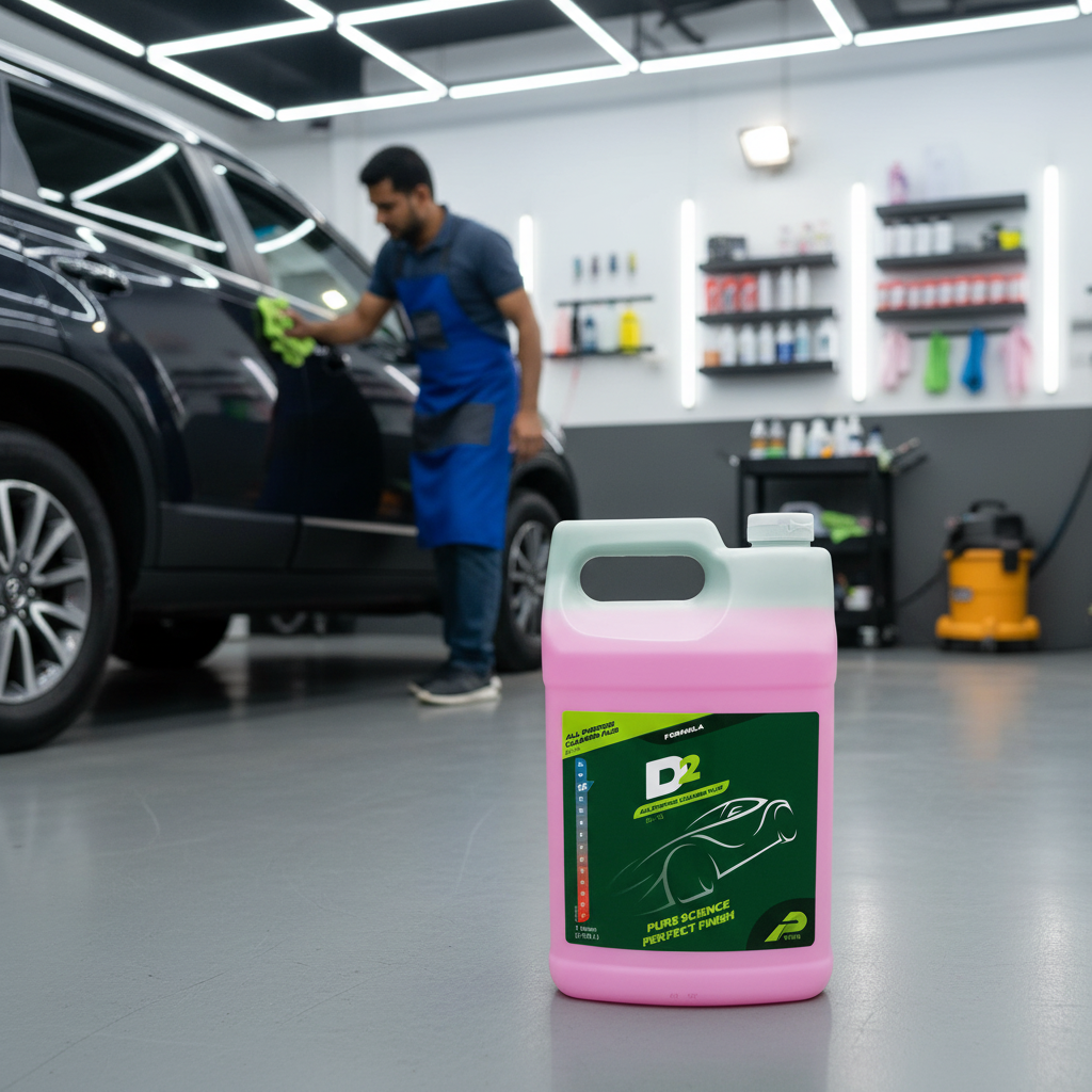 Pink container of D2 all-purpose cleaner plus with green label