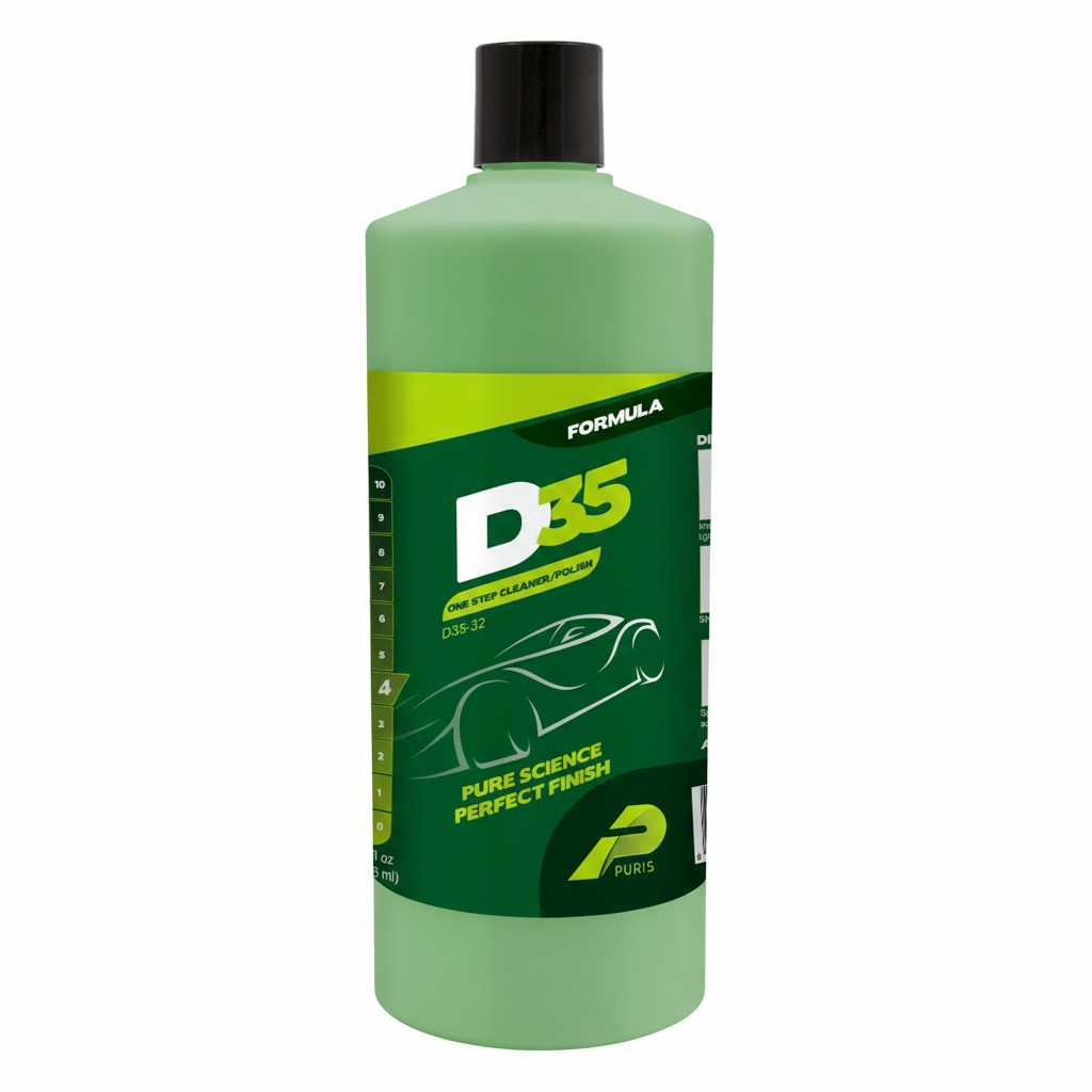 Green bottle with black cap labeled 'D35' on a white background
