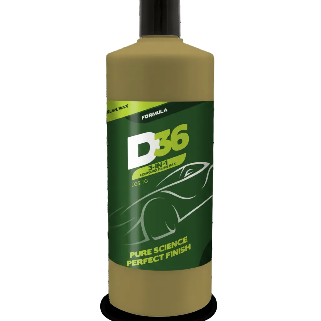 Bottle of D36 car care product with green label on a black background