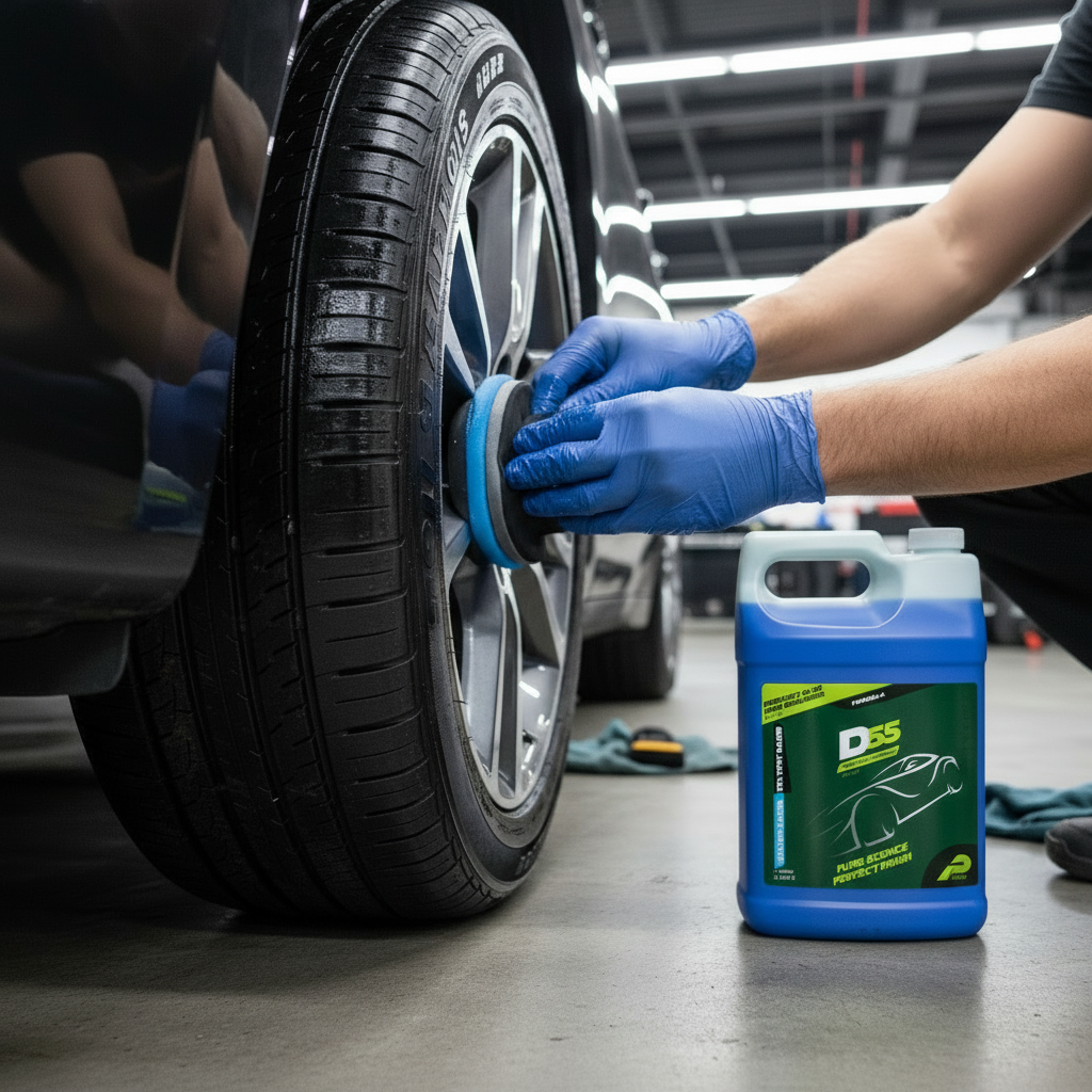 Blue container of D55 Perfect Blue Tire Dressing with green label