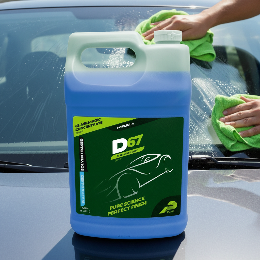 Blue container of D67 glass magic concentrate with green label