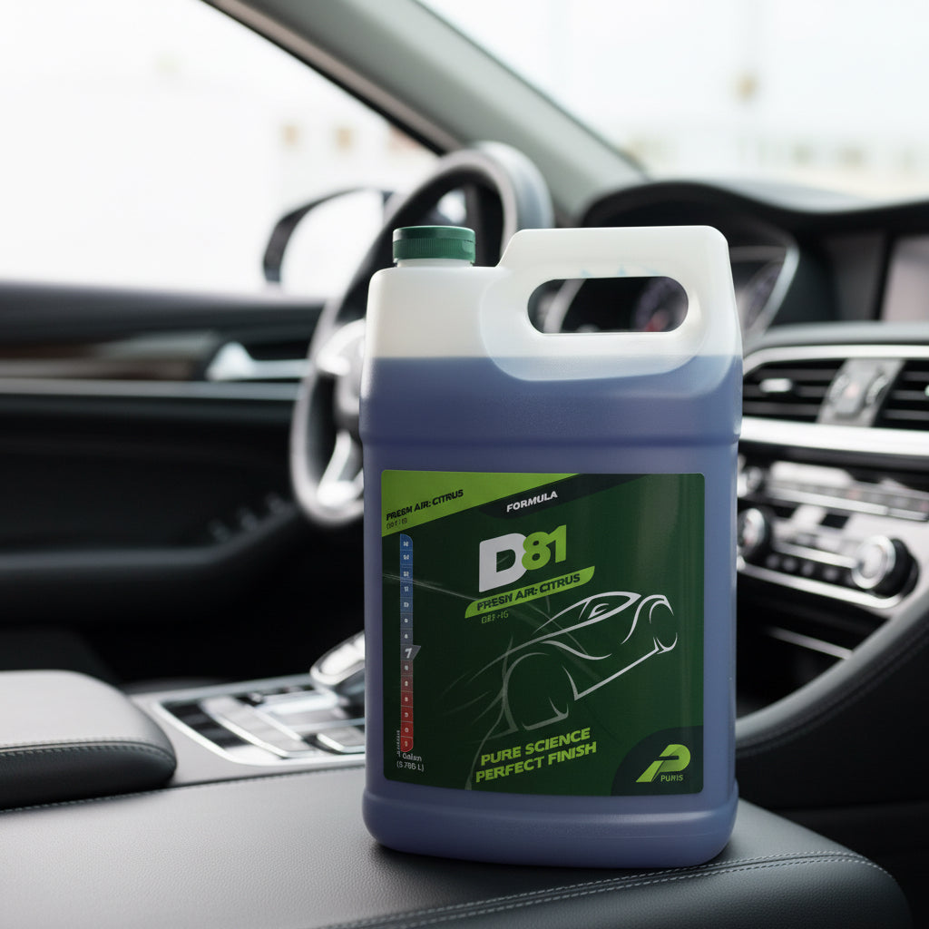 Puris D81 car care product container with green label on a white background
