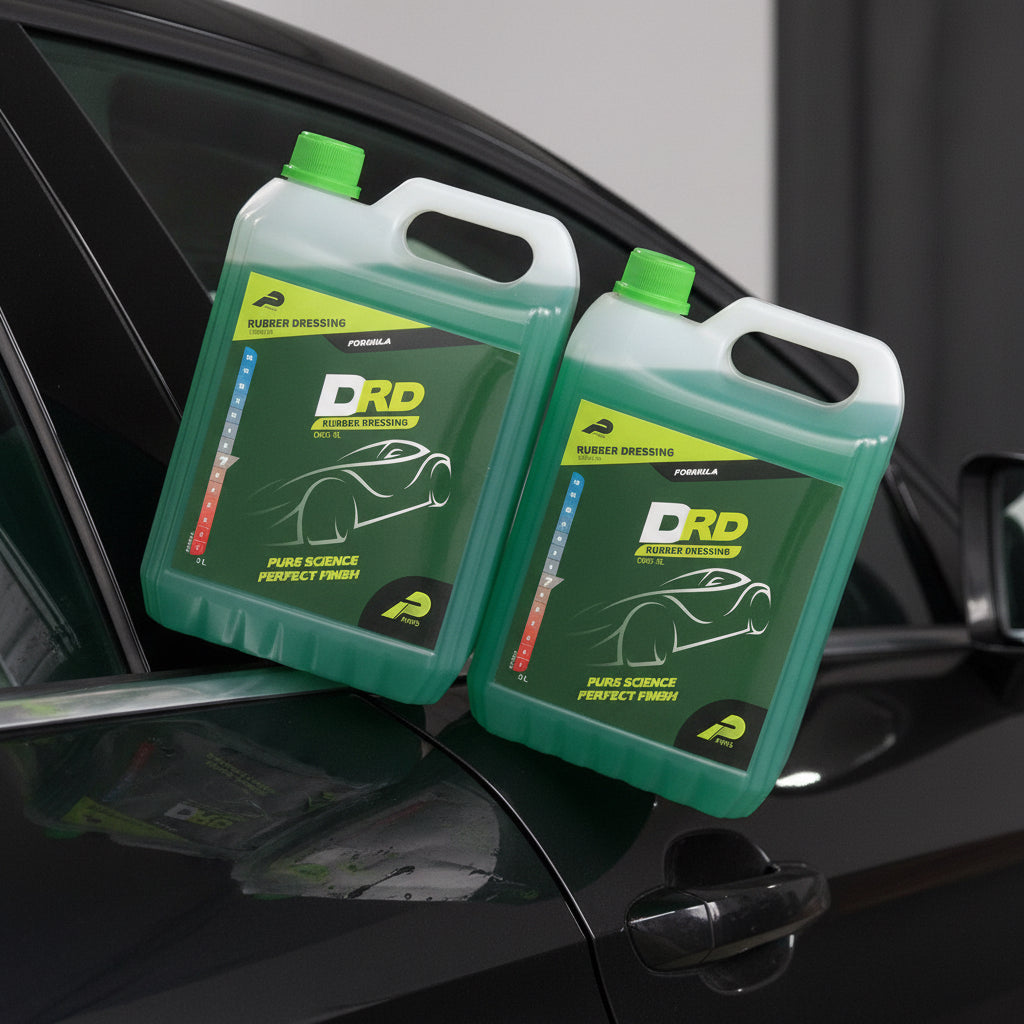 Two green containers of DRD car care product on a white background