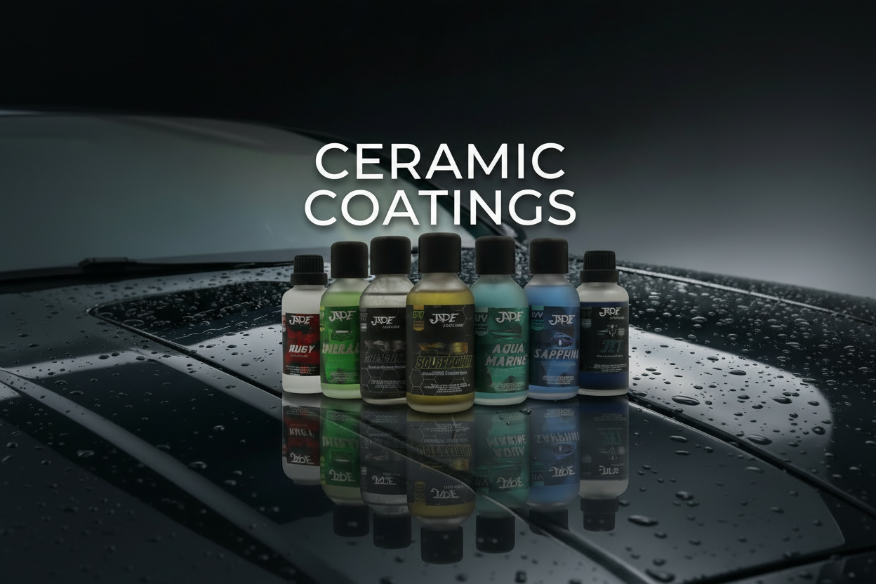 Collection of ceramic coating bottles with a car in the background