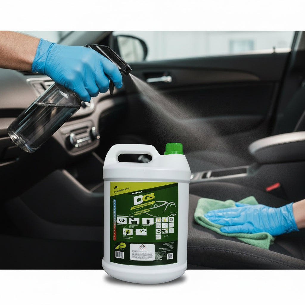 DGS 5L automotive fluid container with green cap on a white background